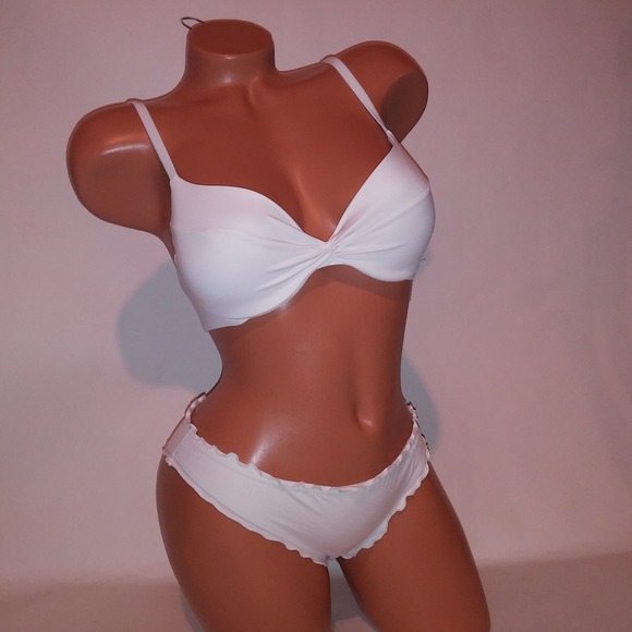 Victoria Secret Swim Bikini 32D Top XS Bottom White Push Up Scrunch Cheeky Solid - Picture 1 of 10